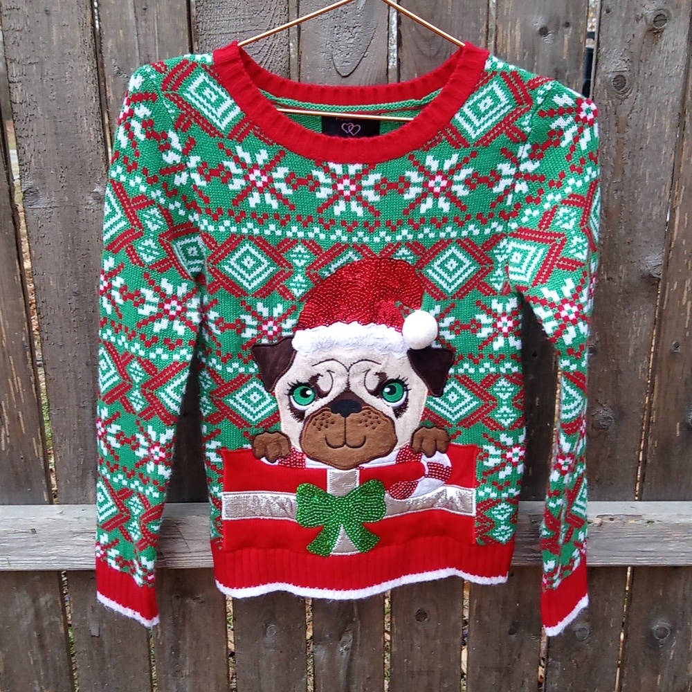 It's Our Time Embroidered Sequen Pup Dog Christmas Theme Sweater 3D